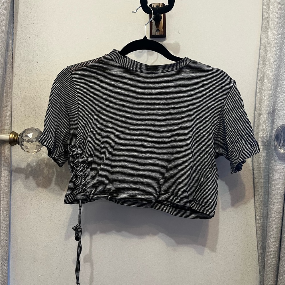 AllSaints Black & White Stripe Side-Ruched Cropped Tee